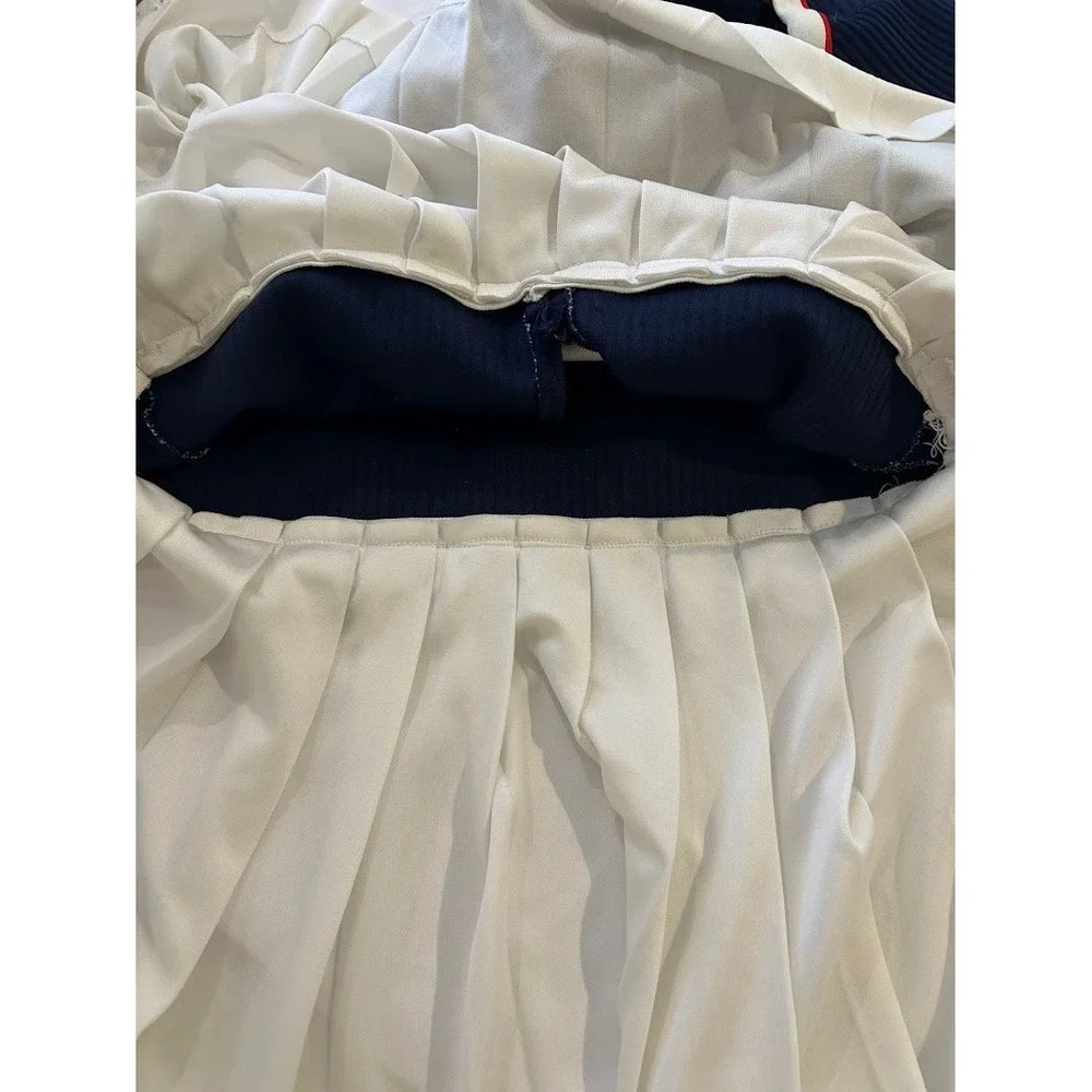 Vintage 1970s Leslie Fay Navy Blue White Pleated Knit Dress Red Trim V-Neck - Picture 12 of 15